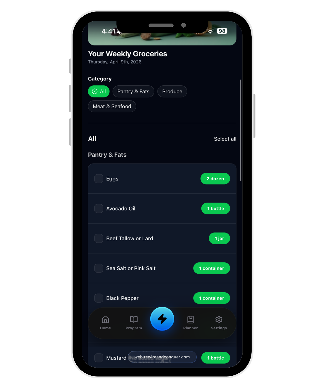 Grocery List screen in the RoBODYX member app