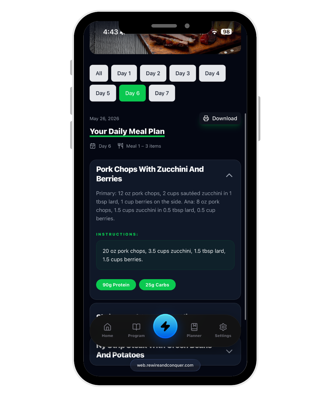 Meal Plan screen in the RoBODYX member app