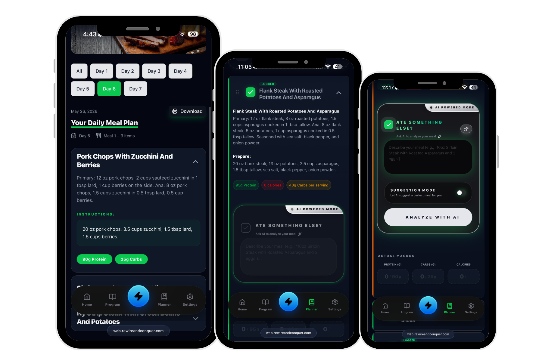 Three RoBODYX member app screens — daily meal plan, meal detail, and AI meal analysis — built for Rewire & Conquer